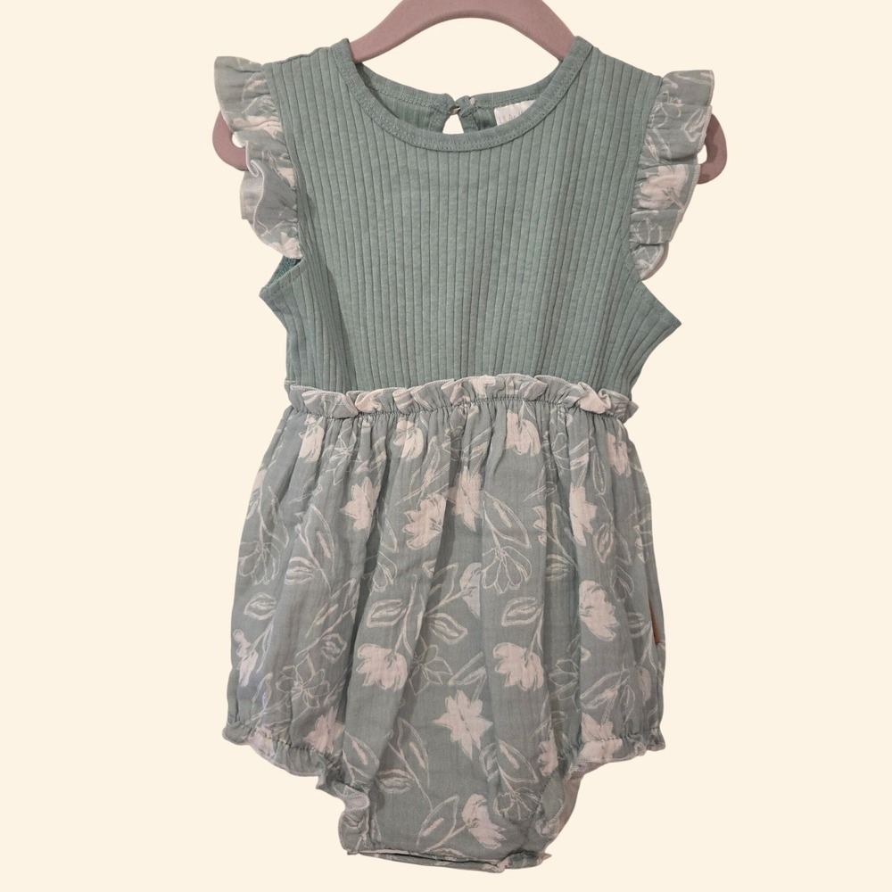Lila & Jack Baby Girl Floral Ribbed Bubble Romper Sage Green 18-24M AT618